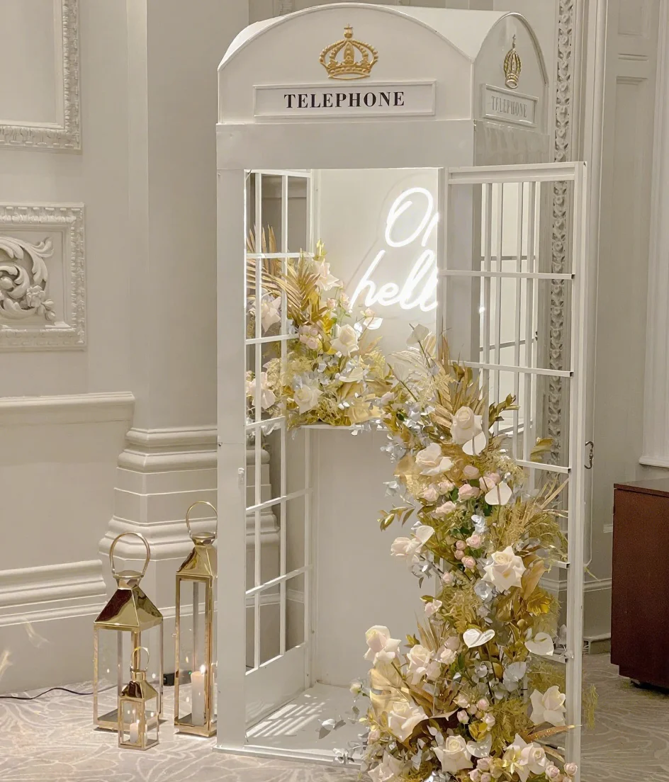 Wedding Decoration Custom London Phone Booth Audio Guestbook With Flowers British White Phone Booth