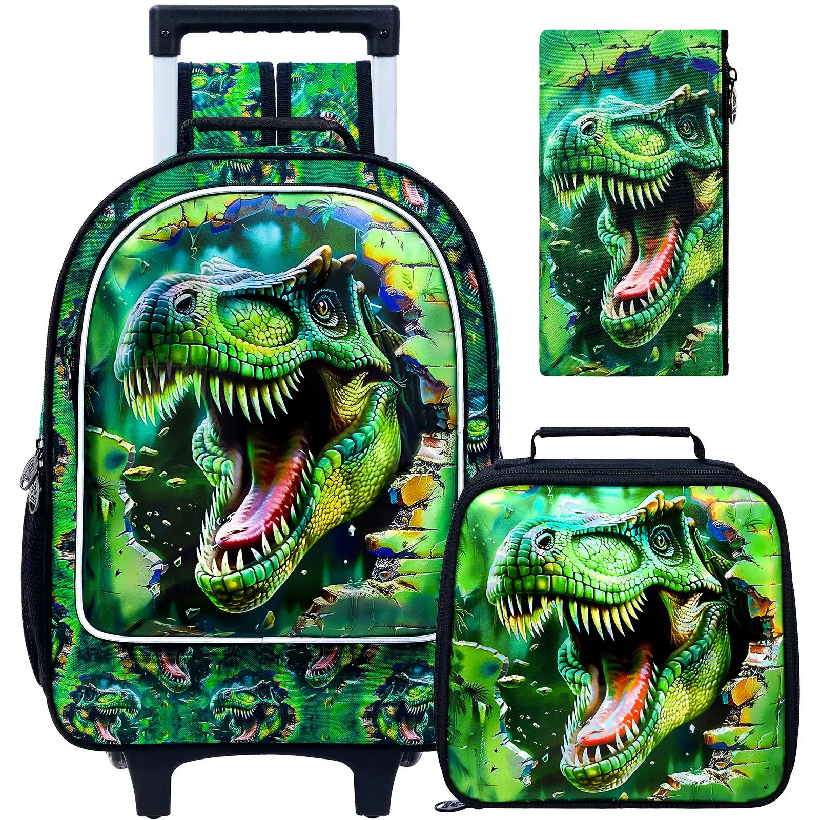 Sac à dos roulant dinosaure 3 pièces pour garçons, sacs à dos d'école pour enfants avec roulettes, sac à livres à roulettes pour l'école primaire (vert)