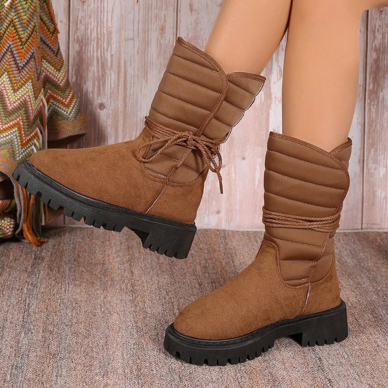 Neue Winter Plüsch Schnee Stiefel Frau Flanell Dicke Sohle Schuhe Frauen Mid-Kalb Stiefel Lace Up frauen Stiefel plus Größe 43