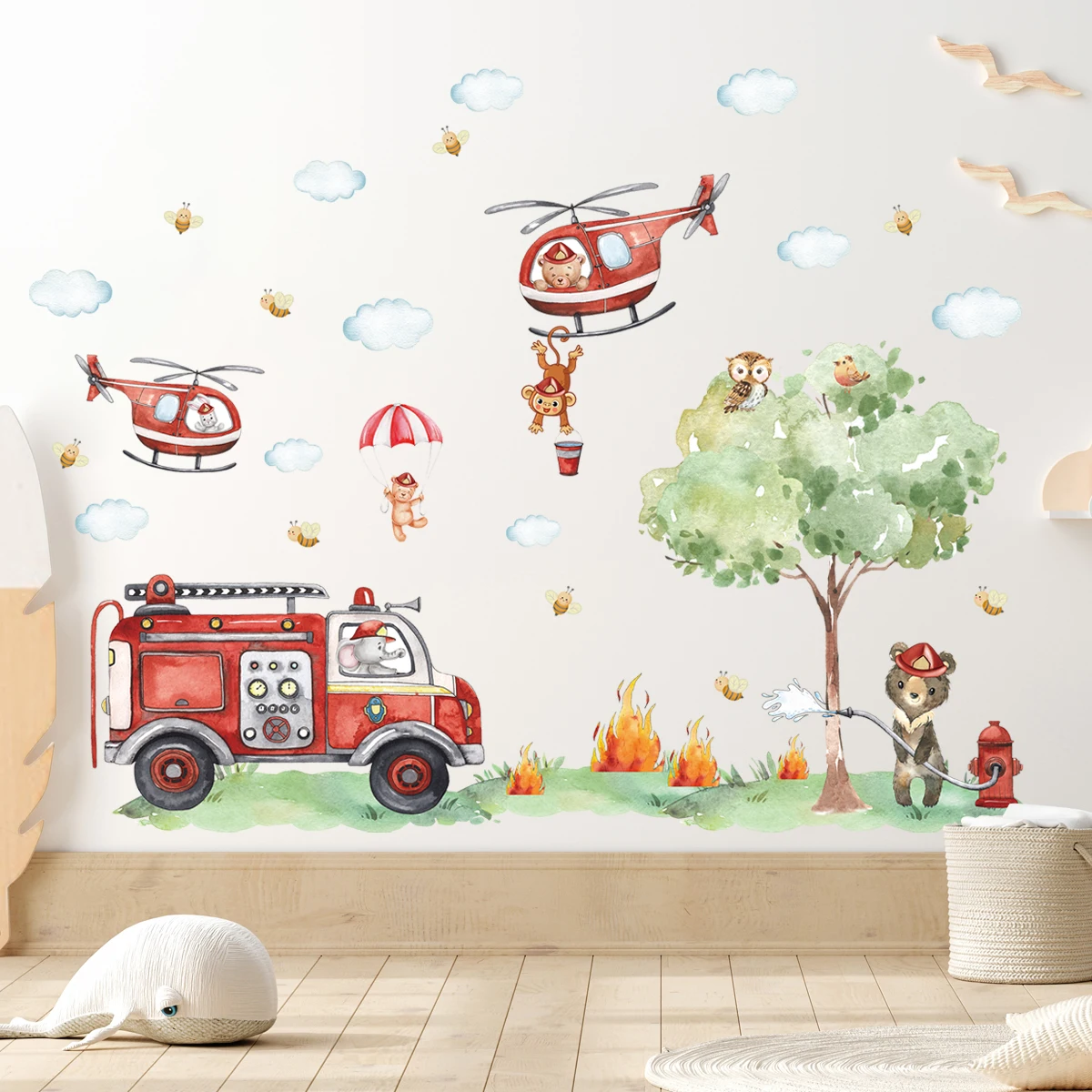 Cartoon A GrouCartoon Tier Feuerwehrmann Hubschrauber Feuerwehrauto Wandaufkleber für Kinderzimmer Schlafzimmer Kinderzimmer Dekoration Wandtattoos