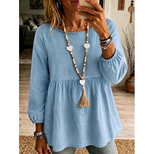 Per donna Elegant Top estivi Arricciato Tinta unica Elegante Bohemien Moda Manica Lunga Manica corta Manica a Lanterna Girocollo Top Regolari Casuale Quotidiano Uscire Blu Bianco Nero 1 # Verde