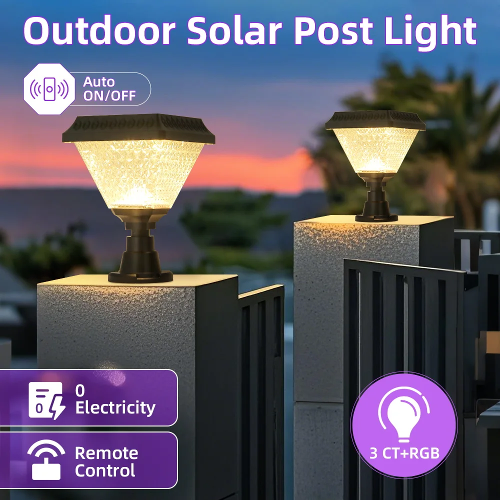 Outdoor Led Solar Lichter Zeitgesteuerte Solar Säule Lichter IP65 LED Garten Säule Licht Dimmen RGB Post Licht Fernbedienung Solar Lampe