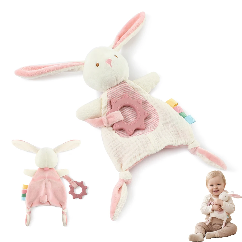 Plüsch-Häschen Sicherheitsdecke mit Silikon-Beißring Knistergeräusch Baby-Spielzeug Weicher Kaschmirstoff Sensorisches Spielzeug Neugeborenen-Geschenk