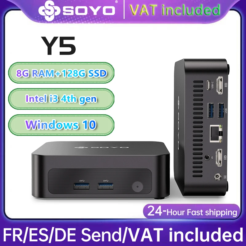 SOYO Mini-PC Y5 Intel i3 4. Generation CPU 8GB RAM 128GB ROM Windows 10 WLAN BT4.2 Desktop-Computer Büro Audiovisueller Netzwerkkurs Niedriger Energieverbrauch