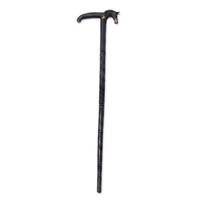 'Hand-Carved Ebony Wood Walking Stick with Horse Head Accent'