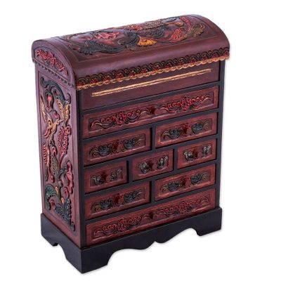 Garden Hummingbirds,'Peruvian Hand Carved Cedar Wood Jewelry Box with Mirror'
