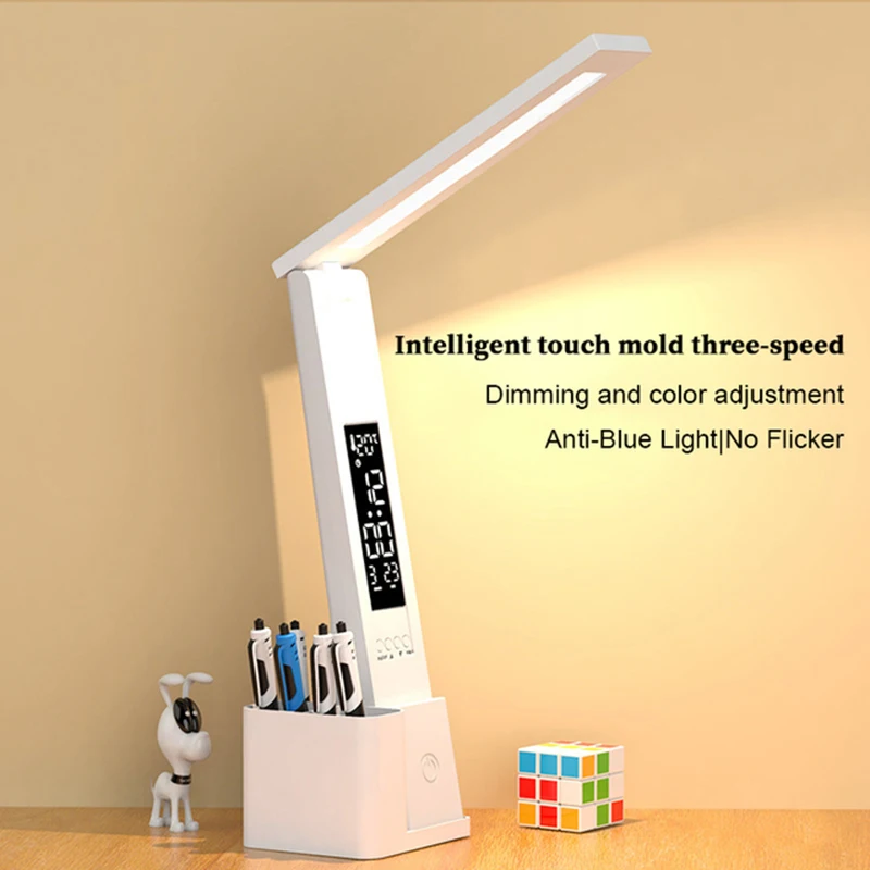 Faltbare dimmbare Schreibtischlampe mit Stift, LED-Uhrenlicht, Schlafsäle, Leselicht, USB-Stecker/Aufladung, Touch-Schalter, Tischlampe