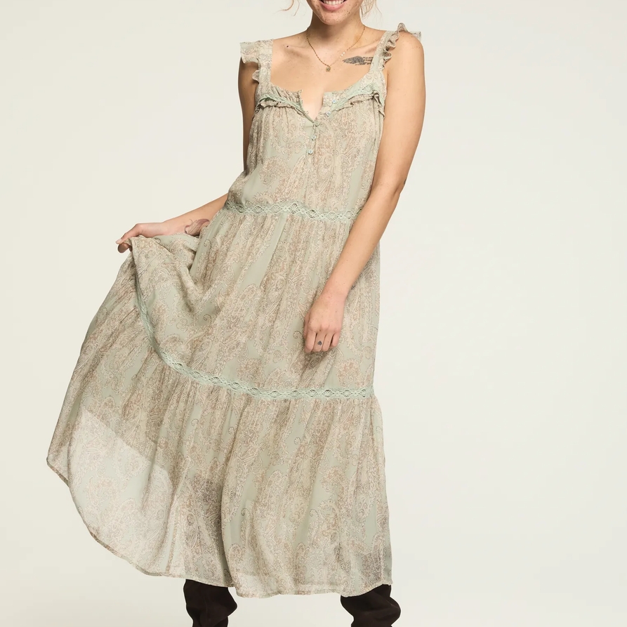 Lucky Brand Tiered Henley Maxi Dress - Women's Clothing Dresses Maxi Dress in Blue Paisley, Size XL