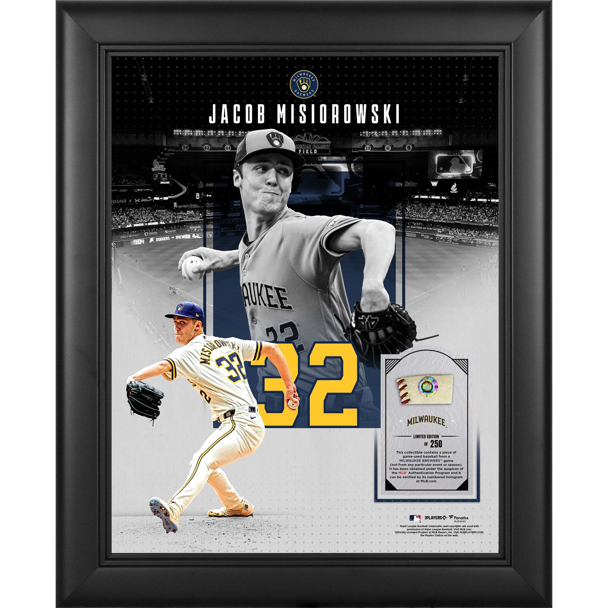 Jacob Misiorowski Milwaukee Brewers Gerahmte 11" x 14" Showcase Collage mit einem Stück eines im Spiel verwendeten Balls - Limitierte Auflage von 250 Stück
