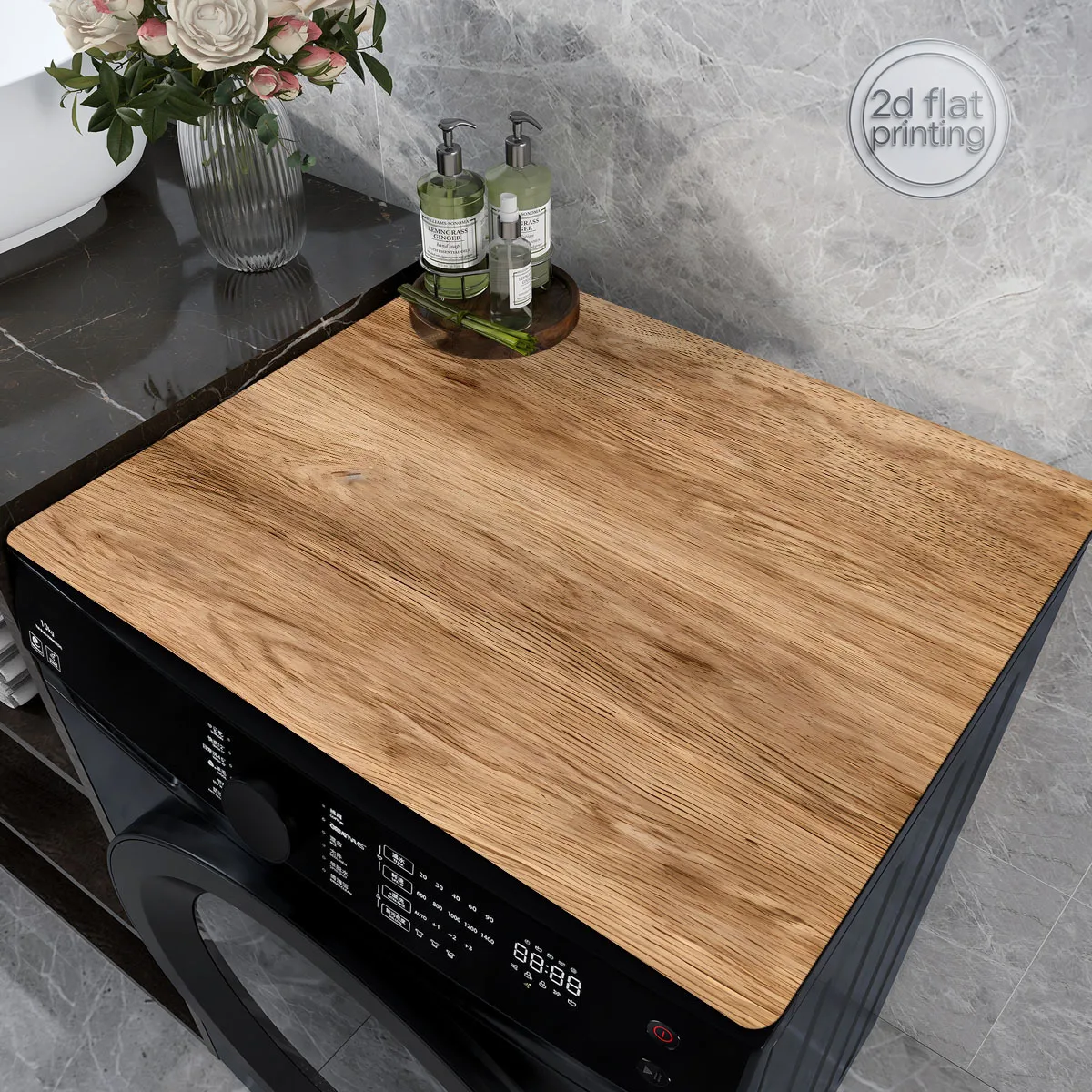 1pc Modern Washing Machine Absorbent Mat Dryer Tabletop Protector – Wood Grain Printed Pattern – Washing Machine Lid Mat, Coffee