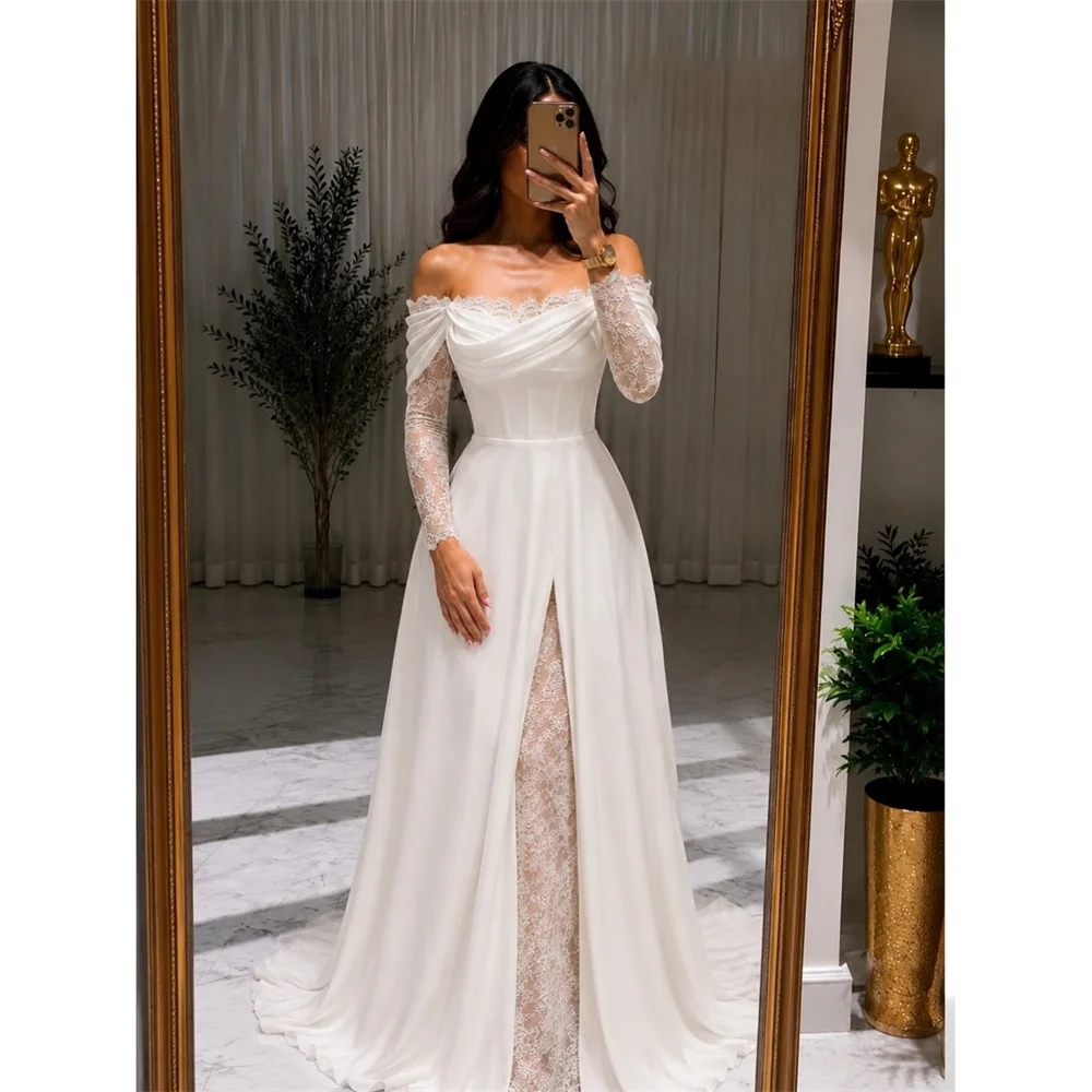 Aileen Satin Off The Shoulder white A-Line High Slit Sheer Elegant Luxury Formal Evening Dress 2026 Prom Dress Customized