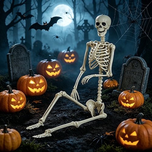 Halloween-Skelett, Skelette mit voll beweglichen Gelenken, komplette Dekoration aus Kunststoff für Garten, Gruselhaus und Gruselszenen im Garten