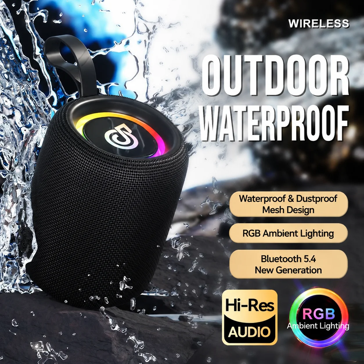 Enceintes Bluetooth HiFi 40W avec basses améliorées, enceinte portable sans fil pour extérieur, étanche IPX5, Bluetooth 5.3 avec lumière RGB