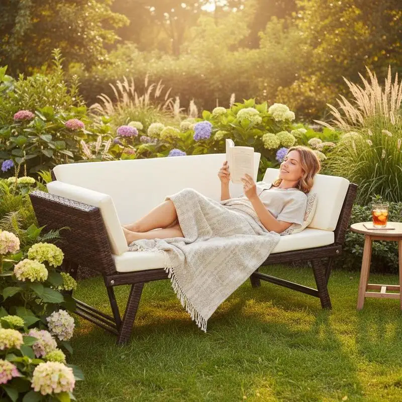 Canapé de jardin en polyrotin, 2 places, mobilier de jardin, canapé lounge, banc de jardin, chaise longue de jardin, pliable, accoudoirs en acier, marron, 129 x 63 x 67 cm