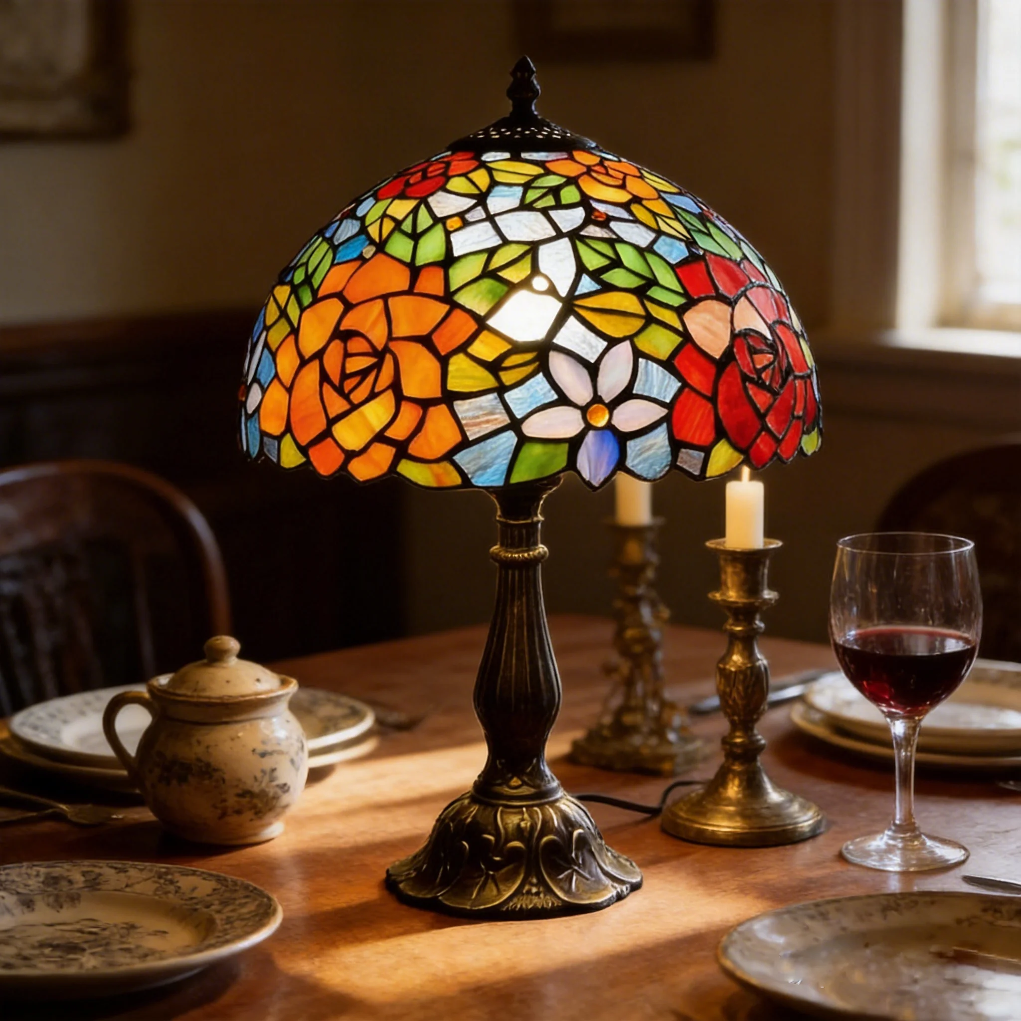 Tiffany-Lampe - Rosenblüten-Tischlampe aus Buntglas 12 Zoll Rosenblüten-Stil Schreibtisch-Leselampe - Schlafzimmer- & Wohnzimmer-Dekoration