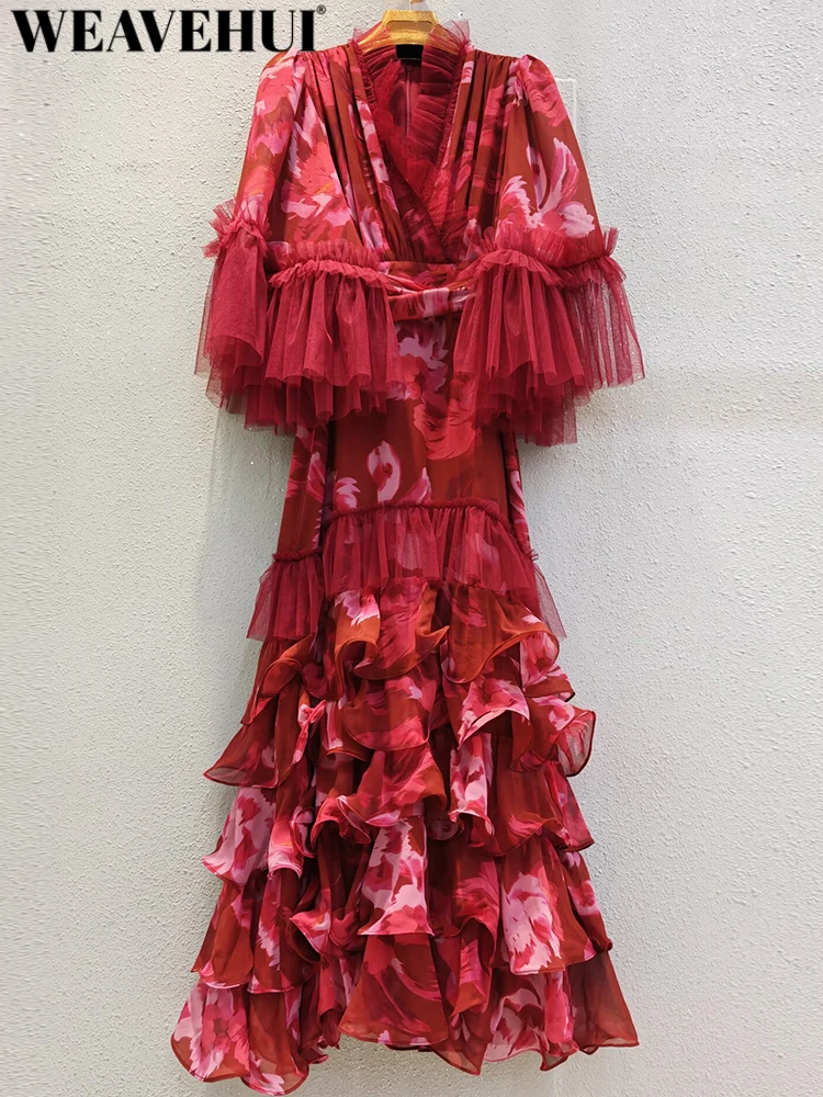 WEAVEHUI Women V-Neck Flare Sleeves Print Tierred Flounced edge Sashes Spring Summer Vintage Exquisite Dresses