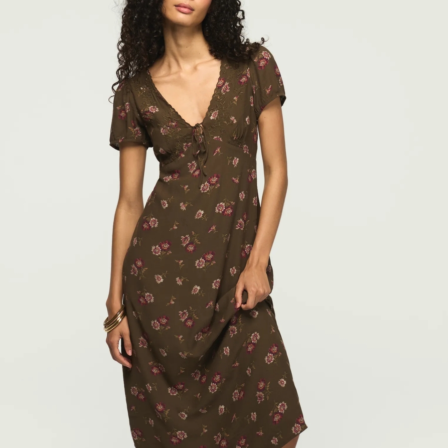 Lucky Brand Embroidered Short Sleeve Simone Midi Dress - Women's Clothing Dresses Shirt Midi Dress in Olive Floral, Size XL