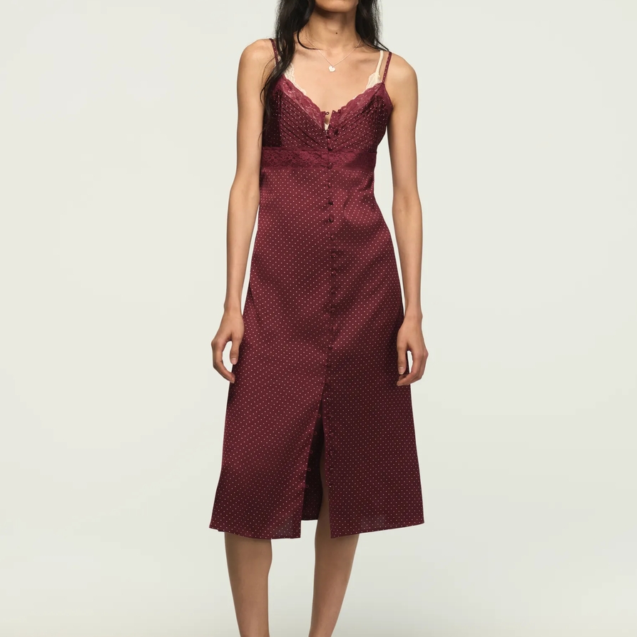 Lucky Brand Lace Simone Slip Midi Dress - Women's Clothing Dresses Shirt Midi Dress in Burgundy Multi, Size L