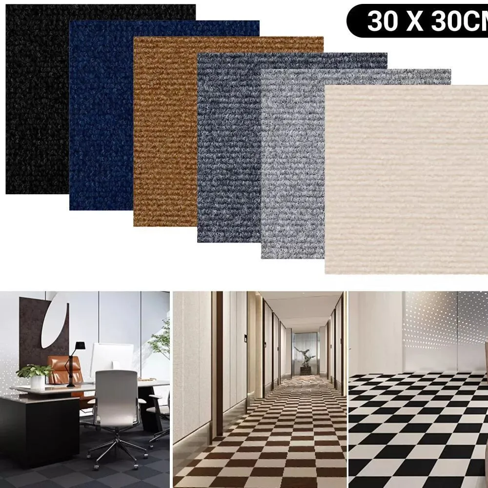 12x12 Inch Black Self Adhesive Carpet Tiles Polyester Non Slip Peel Stick Square Floor Mats Noise Reducing Cuttable DIY Rug For Home Office