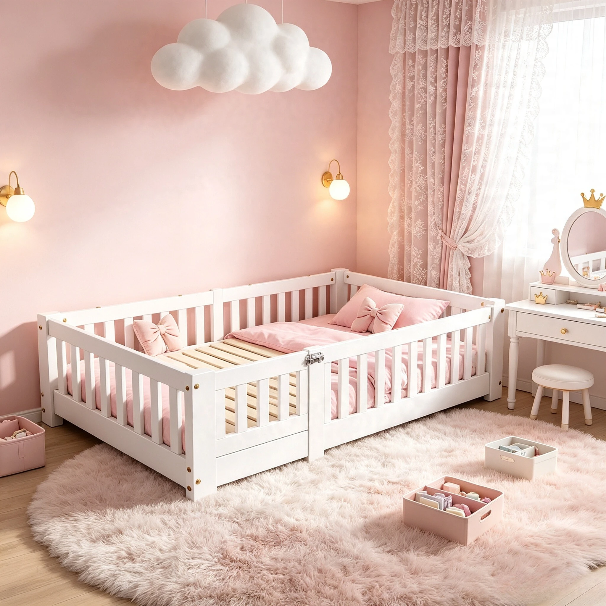 Rosahqnda Kinderbett 90/120x200 cm, Kinderbett, Bodenbett mit Sicherheitsgeländer, Einzelbettgestell mit Lattenrost für Kinderzimmer, Kiefernholz, weiß, ohne Matratze