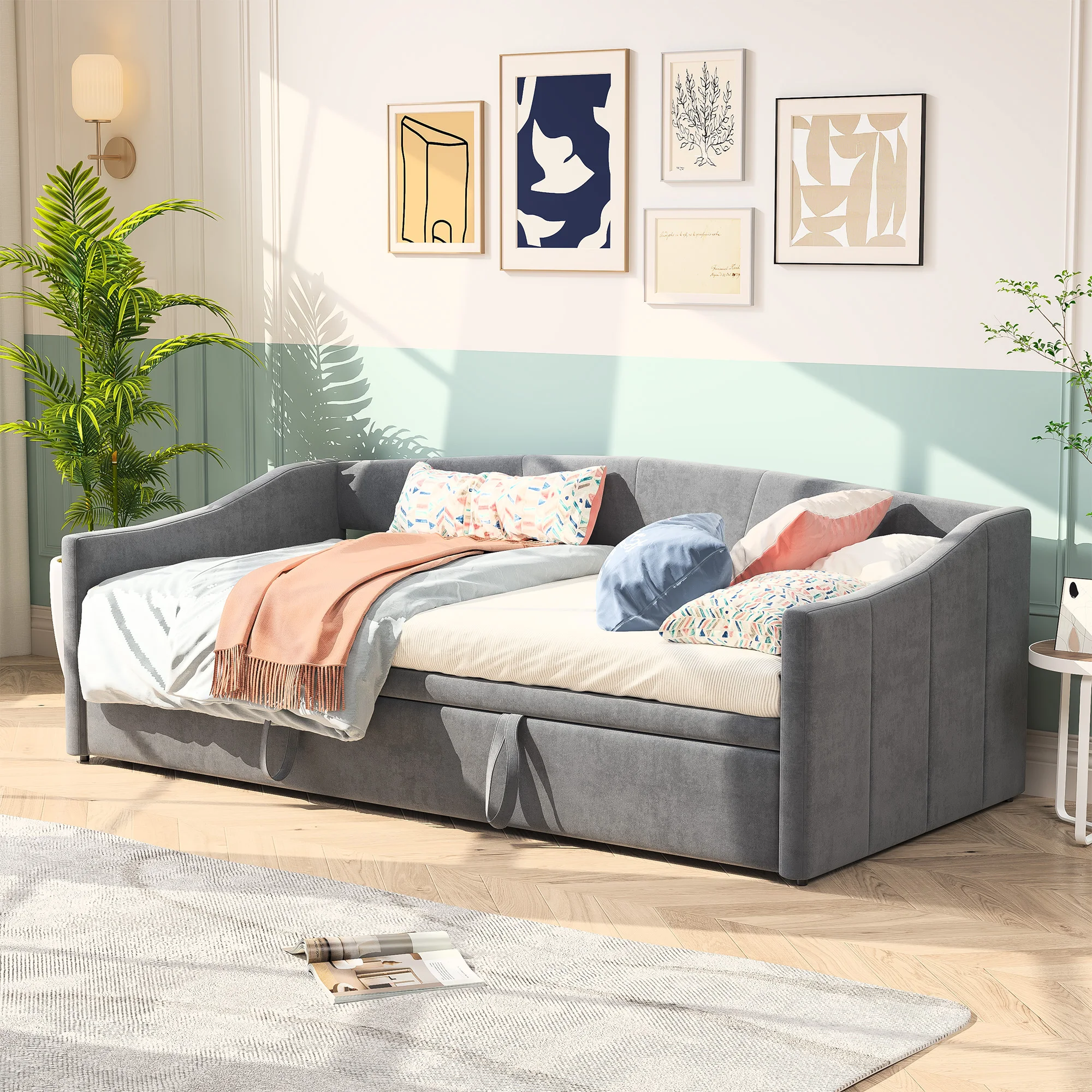 Doppel-Schlafsofa aus Samt, 90/180 x 200 cm, ausziehbar, 2-Sitzer, modernes Schlafsofa, platzsparend, 2-in-1-Schlafsofa, grau