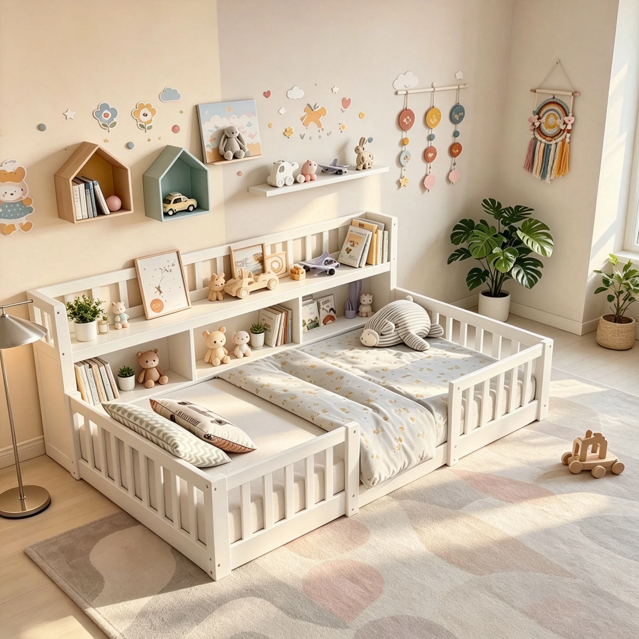 Fangange Polsterbett 90x200cm mit integriertem Bücherregal und Stauraum, Einzelbett mit offenen Bücherregalböden, Holzlattenrost, Jugendbett, Kinderbett, Gästebett, Bücherregal, Kinderzimmer,