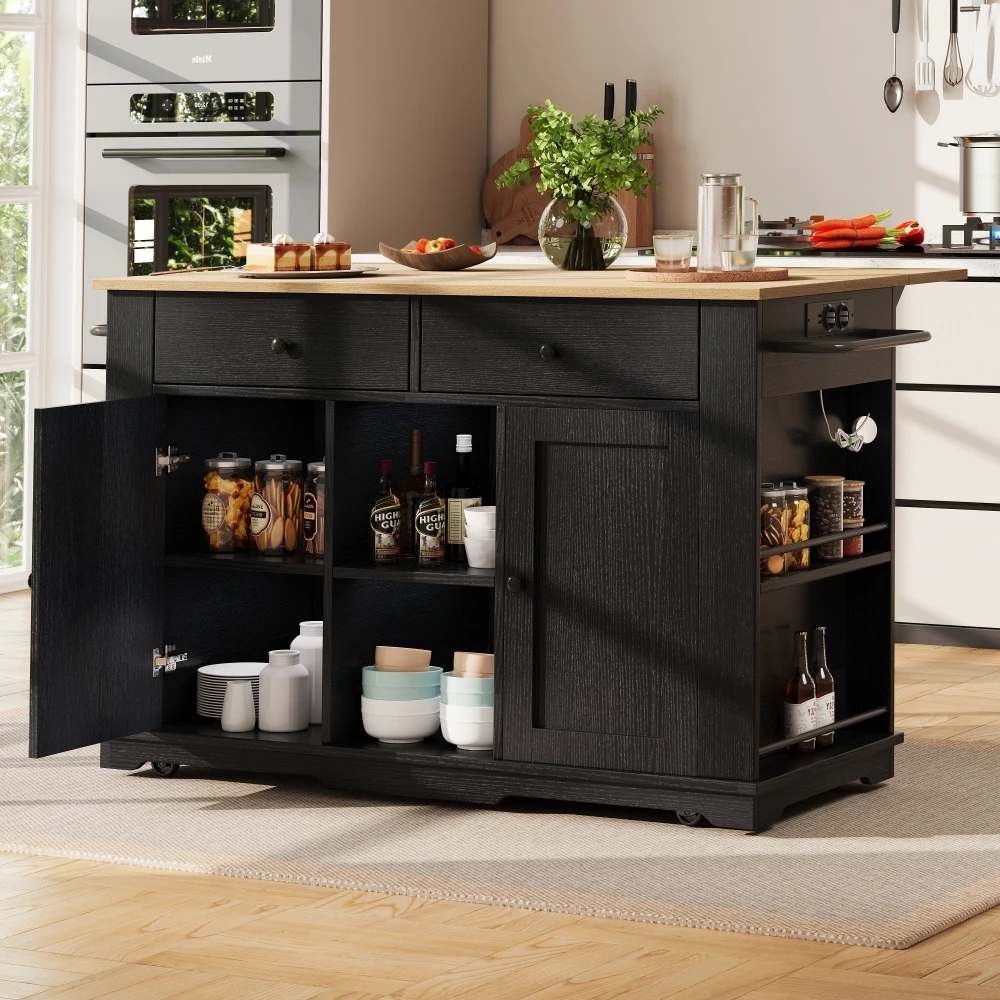 Schwarzer Küchenwagen mit Holzmaserung und integrierter Steckdosenleiste – Multifunktionaler Servierwagen, Arbeitsplatte, Buffetschrank, Esszimmerwagen für Küchenaufbewahrung und Servieren