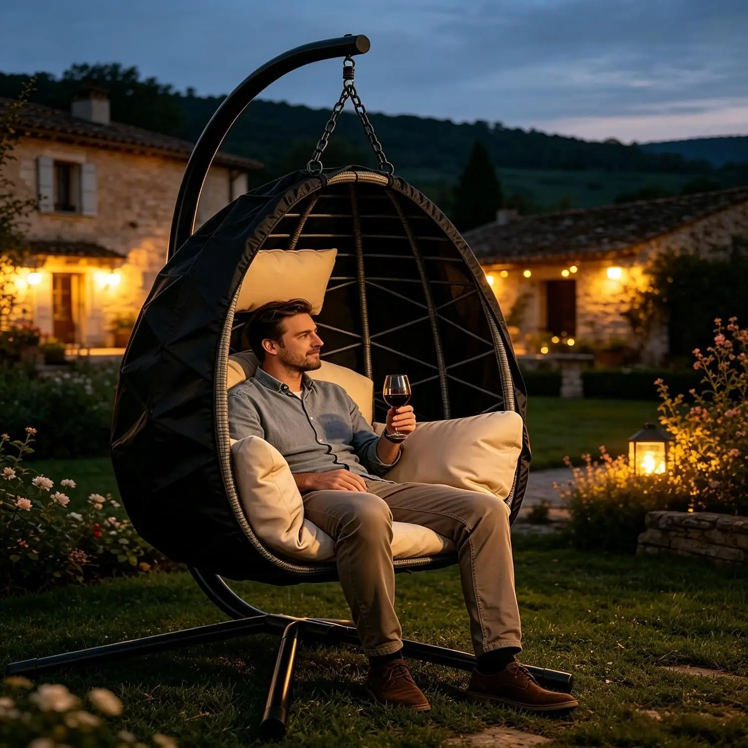 Hängesessel aus Rattan, Hängematte Cocooning mit Stahlgestell, Traglast 150 kg, Hängesessel Ei mit Regenhülle, Hängematte, Schaukel für Garten, Terrasse, Leseecke (196 x 105 x 24 cm)