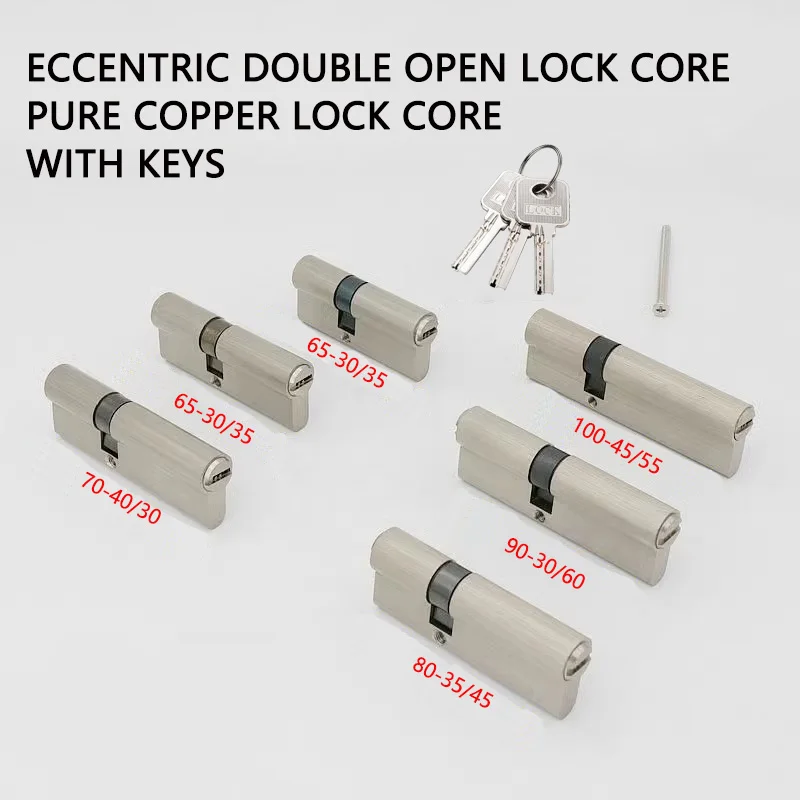 Ersatzschlosskern für Innentüren, Schlafzimmertürschlosskern, Reinkupfer-Doppelöffnungs-Exzenter-Schlüsselschloss, 60mm 65mm 70mm 85mm 90mm