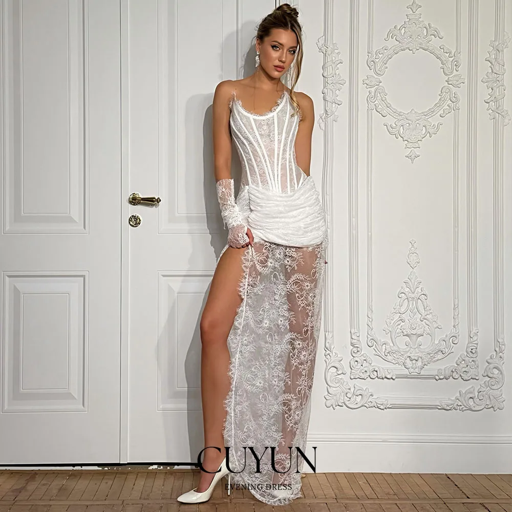 CUYUN Customized Lace Sexy Prom Dresses Strapless Sleeveless Party Gown with Slit Women Special Occasion Gown