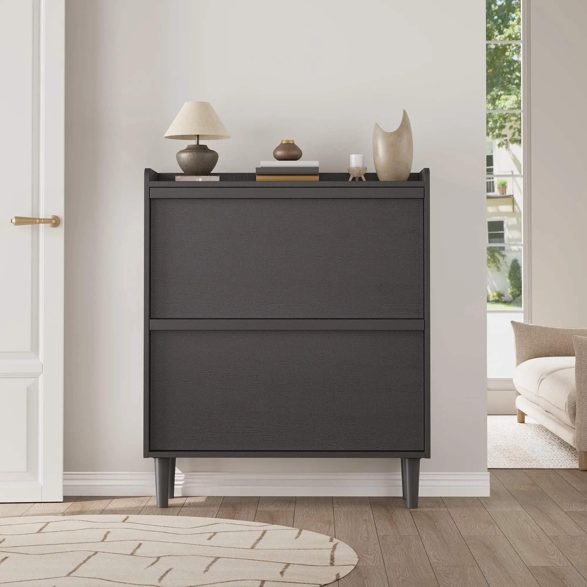 Moderne Minimalität Schuhschrank Aus Holz, Klappen & Verstellbare Einlegeböden, Versteckte Aufbewahrung, Schmal Shoe Cabinet Schuhkipper Schuhe Schrank Fur Flur, 2
