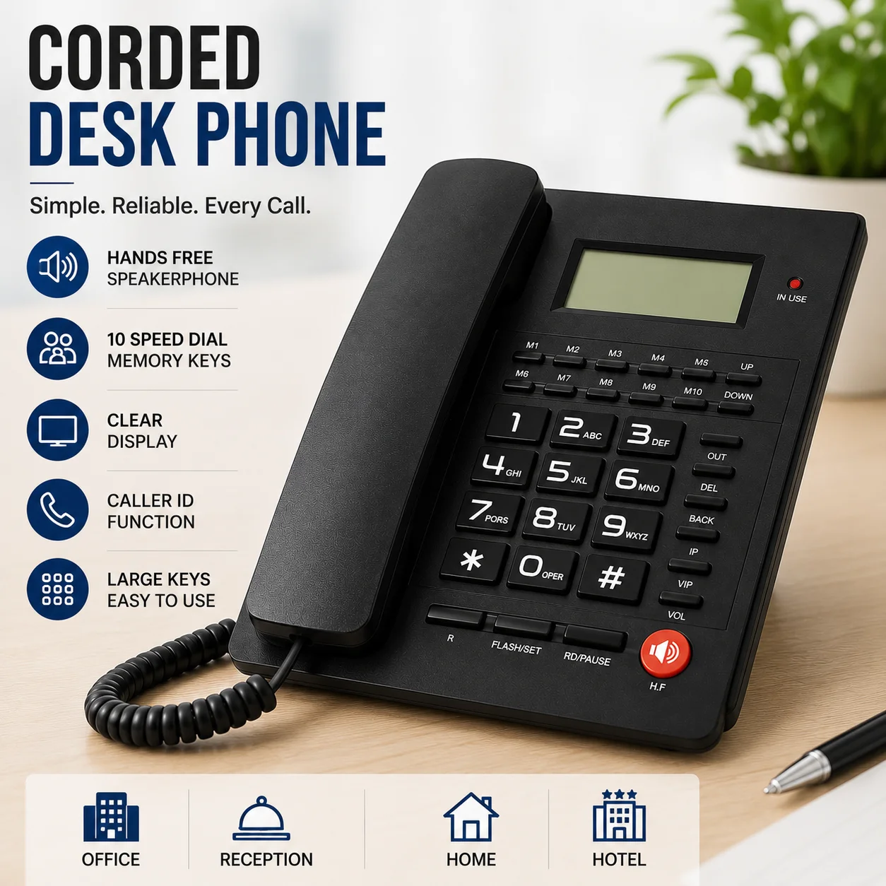 Corded Landline Phone with Display, Hands Free Speakerphone Office Telephone with Speed Dial Buttons, Business Desk Phone for Home Office Hotel Reception