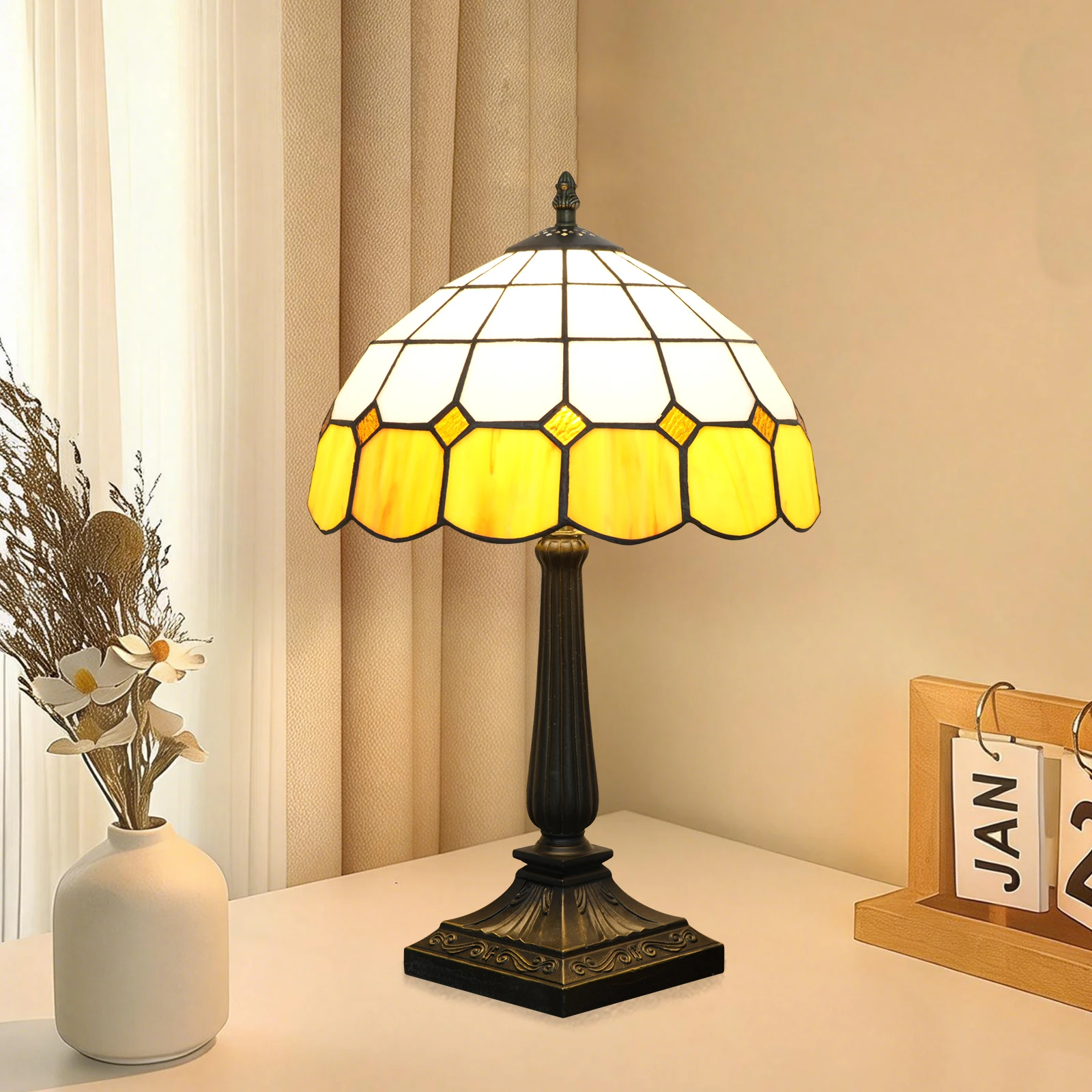 Tischlampe im Tiffany-Stil, 12 Zoll, mediterrane Nachttischlampe aus Buntglas, antike Schreibtischleuchte zum Lesen, Schlafzimmer, Büro, Vintage-Kunst