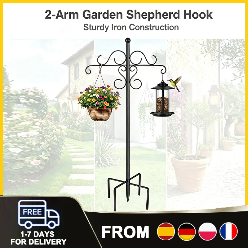 1 ou 2 pièces, Crochet de jardin type Shepherd Hook pour mangeoire à oiseaux avec base à 5 trous, crochet de jardin pour plantes d'extérieur, décoration de jardin à insérer pour pots de fleurs,
