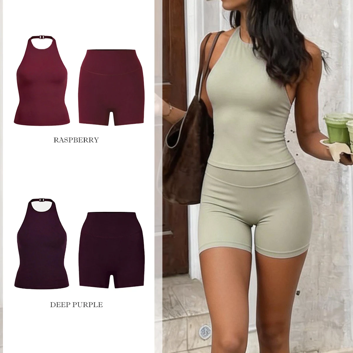 Ensemble de sport pour femmes : Débardeur dos nu rembourré style Y2K et short taille haute. Vêtements de fitness et d'entraînement.