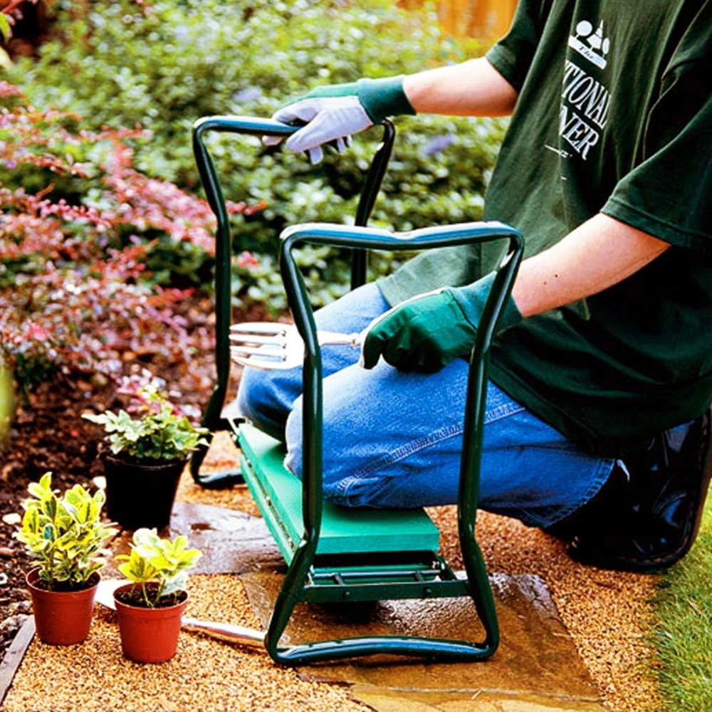 Chaise et siège pliables pour jardin, banc de jardin, tabouret de jardin avec sac à outils et coussin en mousse, fournitures de jardin, fournitures pour la maison, fournitures d'extérieur
