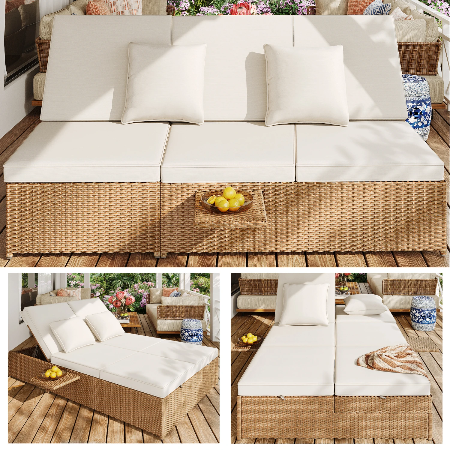 Lit de jardin double en rotin, canapé en rotin utilisable comme mobilier de jardin, idéal pour les salons, balcons et jardins, résistant aux intempéries, pliable, avec coussins, blanc