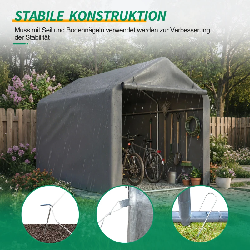 Abri de jardin gris pour vélos avec porte coulissante, abri de rangement extérieur en PE pour jardin, patio, cour, capacité pour vélos et outils de jardin, 160x220x165 cm