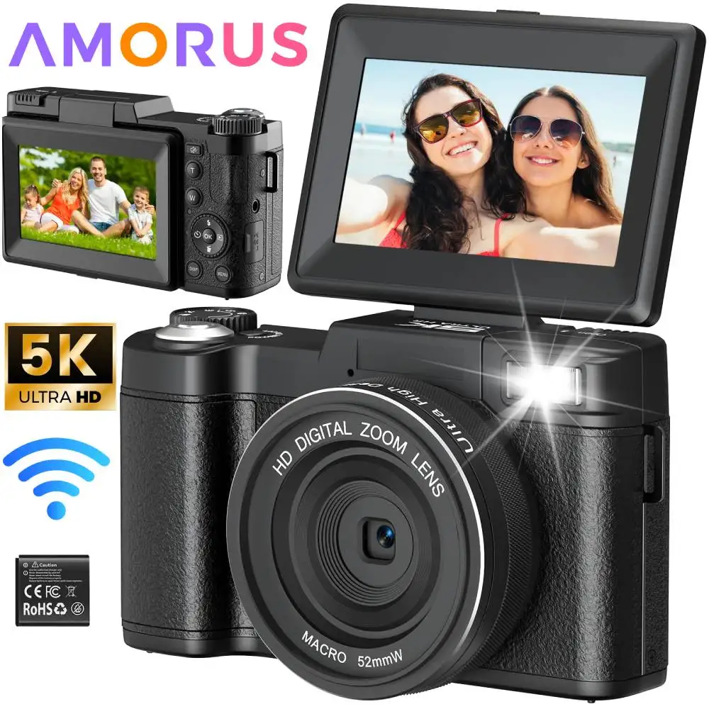 Appareil photo numérique 64MP, caméra de vlogging 5K, 180° ° Appareil photo numérique compact à écran rotatif avec zoom numérique 18X et autofocus pour adolescents et débutants