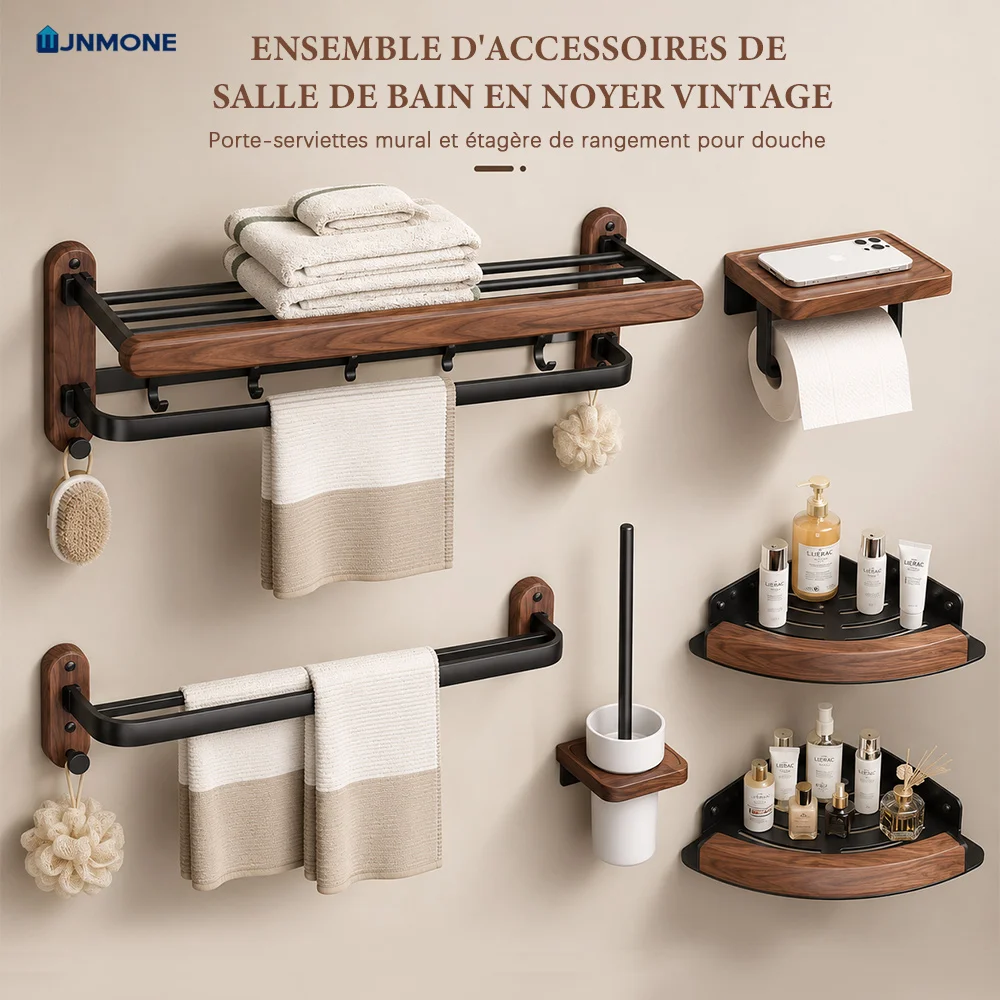 Ensemble d'accessoires de salle de bain en bois de noyer, porte-serviettes mural, étagère, porte-papier toilette, kit de quincaillerie de salle de bain, organisateur de douche Moderne De Luxe En Bois