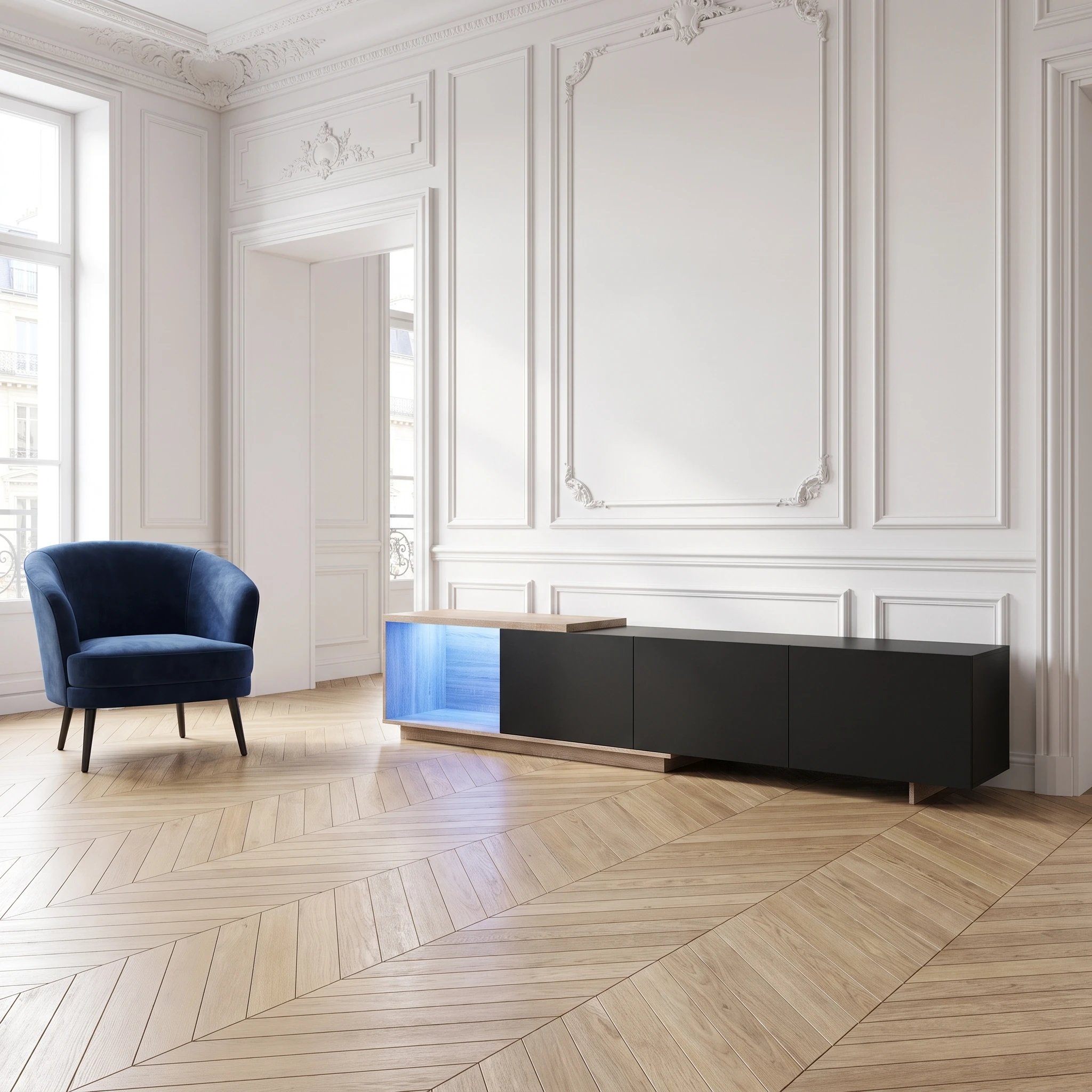 Superaly Meuble TV noir 44×38×240 cm, meuble bas, meuble TV moderne en bois avec rangement 3 tiroirs, meuble TV LED, pour salon
