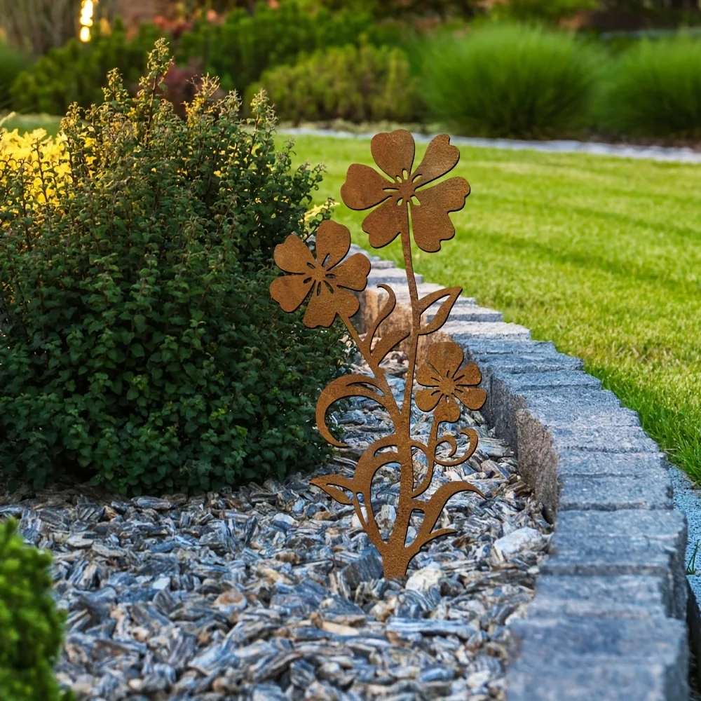 Piquet de jardin rustique en métal, fleurs en acier Corten, décoration d'art de jardin, fleurs rouillées, piquets de jardin pour pelouse, patio, aménagement extérieur