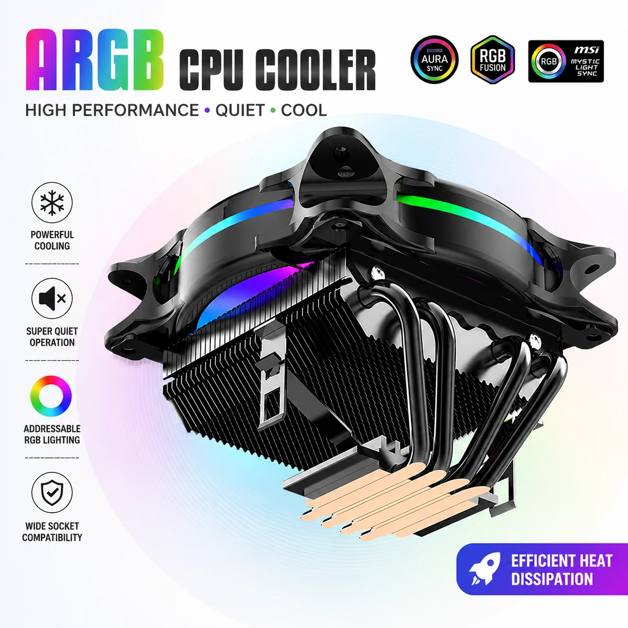 Refroidisseur de processeur ARGB avec 4 caloducs, ventilateur pour processeur PC, compatible avec Intel LGA775 1150 1151 1156 1366 1700 1200 2011 X99 X79 AMD AM4 AM5
