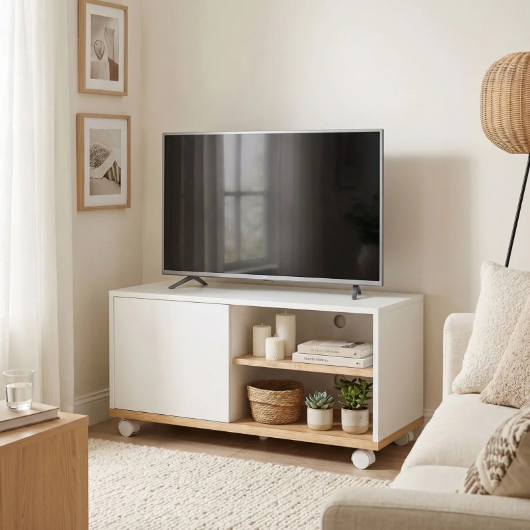 Meuble TV, meuble TV avec roulettes à frein, meubles TV en matériaux blancs et en chêne, meubles TV avec tiroirs et étagères réglables