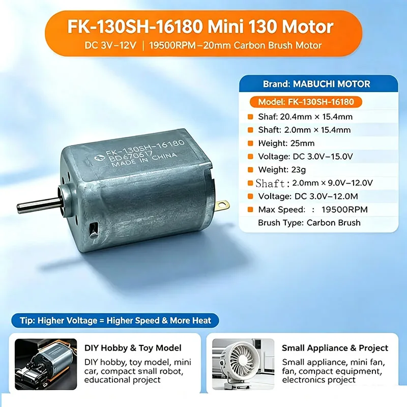 Mabuchi FK-130SH-16180 Mini 130 Motor DC 3V 6V 9V 12V 19500RPM High Speed Micro 20mm Carbon Brush Motor DIY Hobby Toy Model