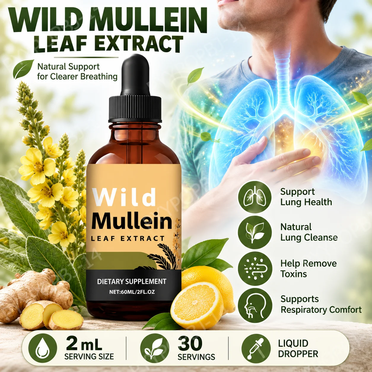 Mullein Drops Respiratory Lung Health Detox with Ginger & Lemon Extract for Smokers - Natural Lung Cleanse Mullein Leaf 60ml