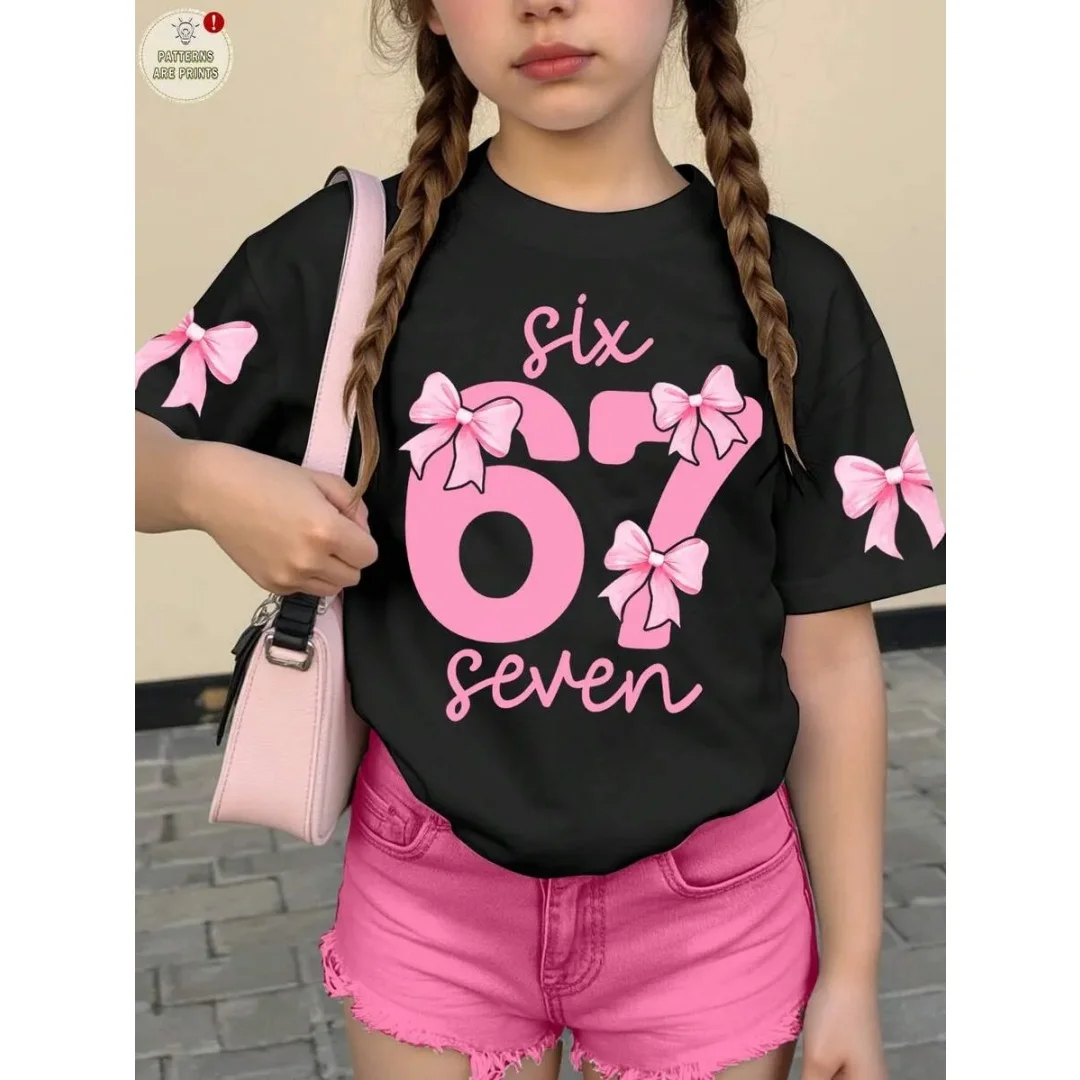 Children's 67 Christmas Elf Print Girls Short Sleeve Round Neck Tee Parties Casual Wear Comfort Children Clothes Girl Clothing