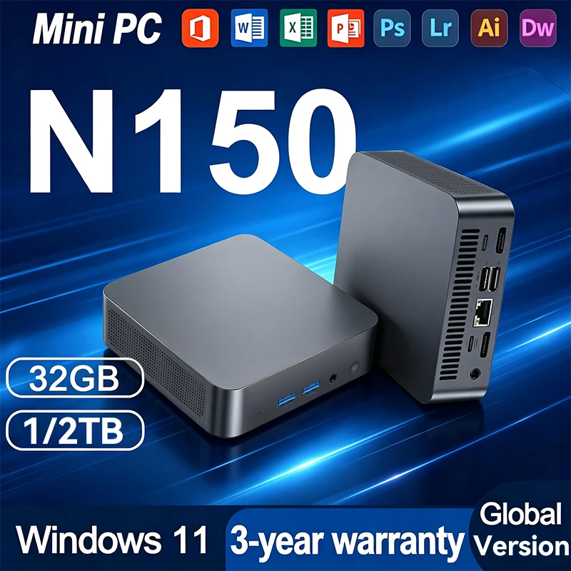 Mini PC Intel N150 Computer Portable Gaming PC 16GB 32GB RAM 1TB 2TB SSD Windows 11 Pro Mini PC Office Gamer Wifi6 BT5.2 Desktop