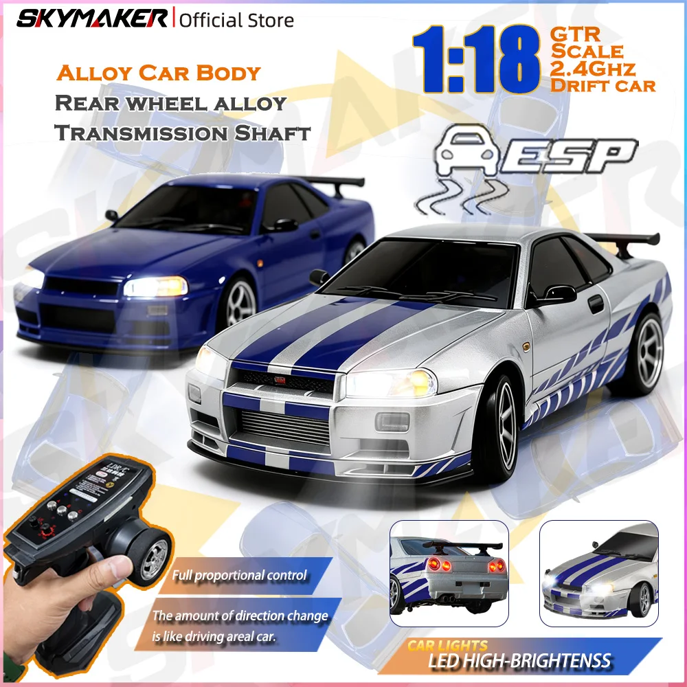 1/18 GTR R34 RWD RC Drift Car LDRC LD1899 2.4G ESP Gyro Alloy Metal Body LED Simulation Headlight Hobby RTR Racing RC Car Toy