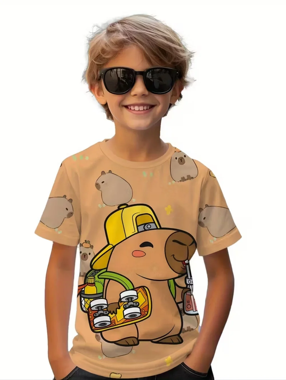 Cute Capybara Boy Clothes Cartoon Graphic Short Sleeve Tee Boy Child T-Shirt Summer Loose Top Fashion Kids Clothes Boys Clothing